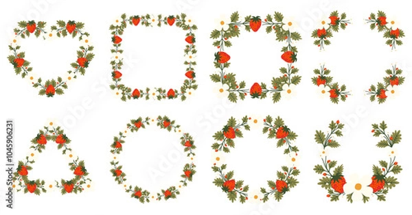 Fototapeta Vector shape of Strawberry flowers frame, Floral border box label of wreath with branch and leaves