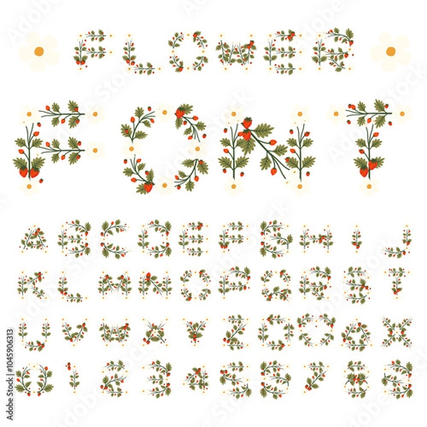 Fototapeta Isolated strawberry flower font alphabet character with number and symbol, Vector floral wreath ivy style with branch and leaves