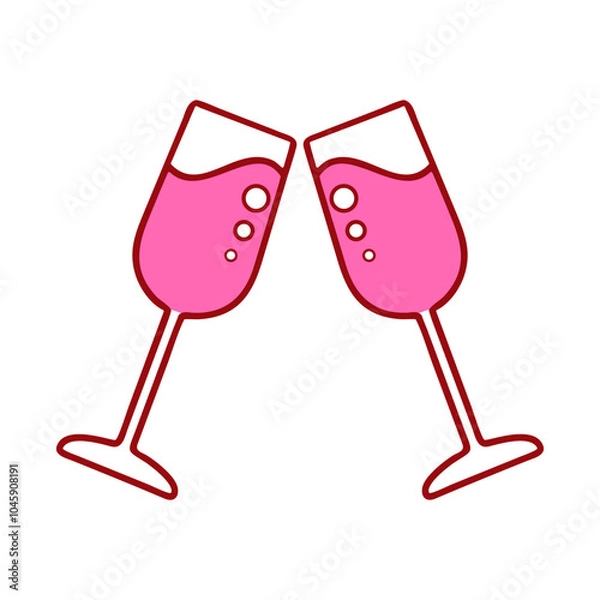 Fototapeta Two pink champagne flutes with liquid and bubbles, clinking together in a Valentine Day .  The flutes are outlined in red, with a white background.