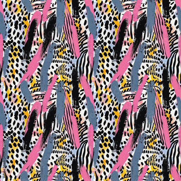 Obraz Fun girly camouflage pattern in vibrant stripes and spotted seamless design . Modern skin texture patched effect for festival and beach wear style in repeat .