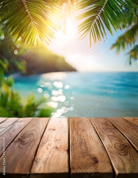 Fototapeta Rustic wooden table under palm leaves with a stunning tropical beach view at sunset. Generative AI