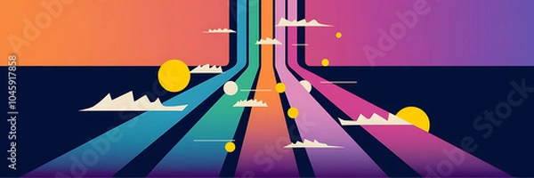 Fototapeta Abstract geometric colorful stripes and yellow circles on a dark blue background  retro futuristic design  a journey into the future   
