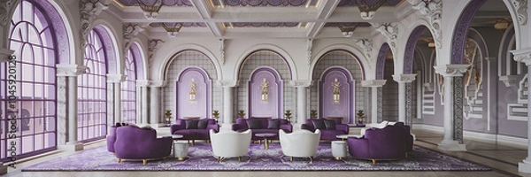 Fototapeta Luxury purple and white interior design with ornate arches and plush furniture  perfect for a sophisticated and elegant hotel lobby or grand ballroom   