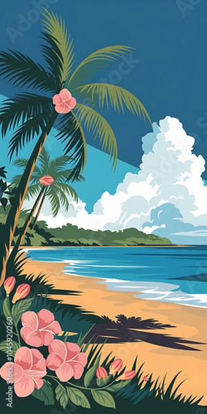Fototapeta Tropical beach paradise with pink flowers and palm trees  a perfect summer vacation destination   