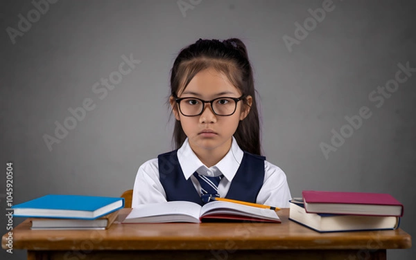 Fototapeta Serious schoolgirl in blue and white uniform studying at a desk with books   Education concept 