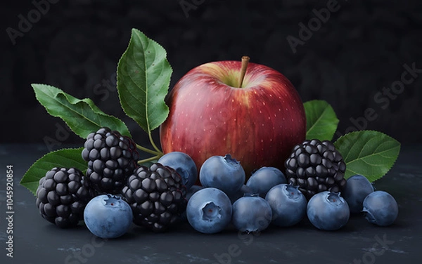 Fototapeta Red apple and blueberries on a dark background  fresh fruit  healthy food  autumn harvest   
