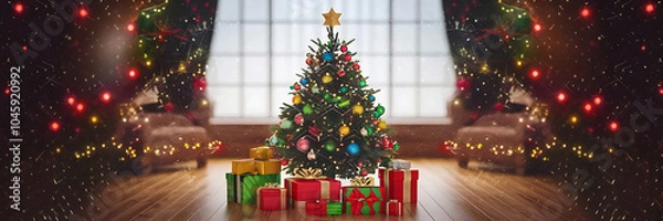 Fototapeta A decorated Christmas tree with red and green ornaments  surrounded by presents  evokes a festive and joyful holiday atmosphere   