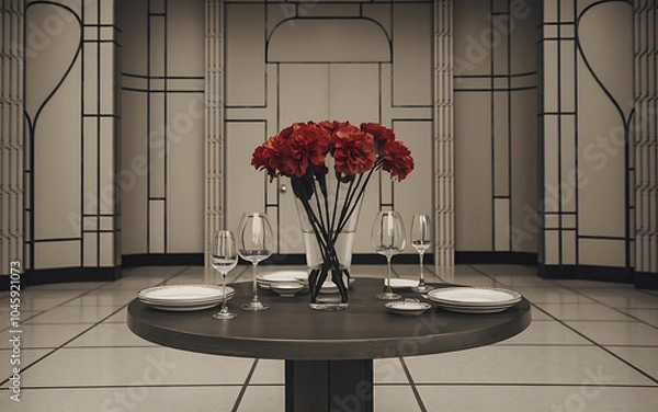 Fototapeta Red flowers and white plates on a dark wood table in a minimalist room: Elegant dining experience   