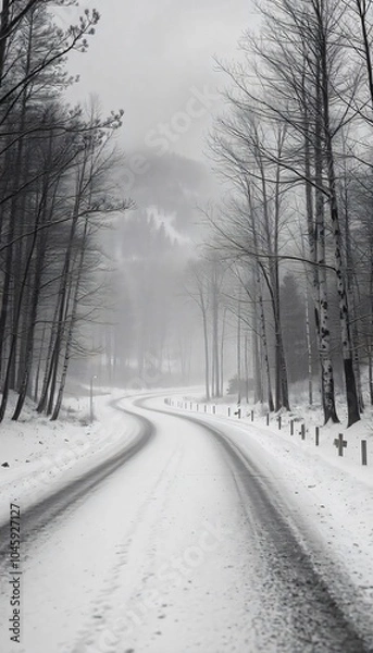 Fototapeta A foggy winter road through a snowy forest