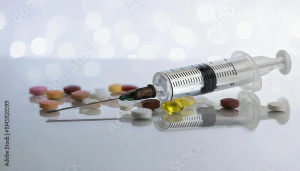 Fototapeta A close-up of a syringe and assorted pills on a reflective surface with vibrant bokeh lights in the background. Syringe and needle