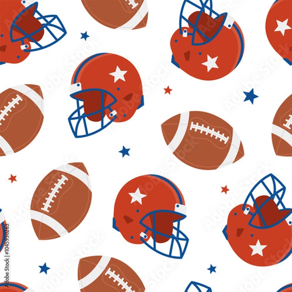 Obraz Seamless pattern with american football helmets, balls and stars on white background. Sport equipment. Competition and training. Vector flat illustration