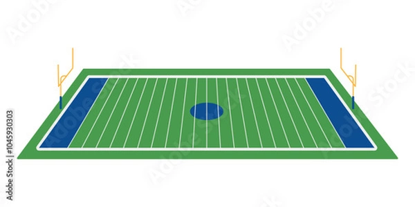 Fototapeta American football field with goal posts. Sports stadium ground with green grass or turf and white lines. Vector flat illustration isolated on white background
