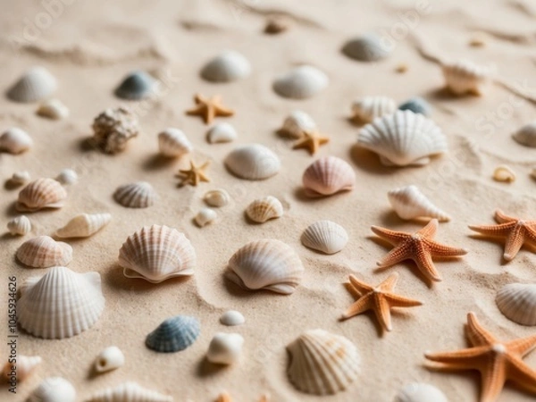 Fototapeta Assorted Seashells and Starfish on Sandy Background.