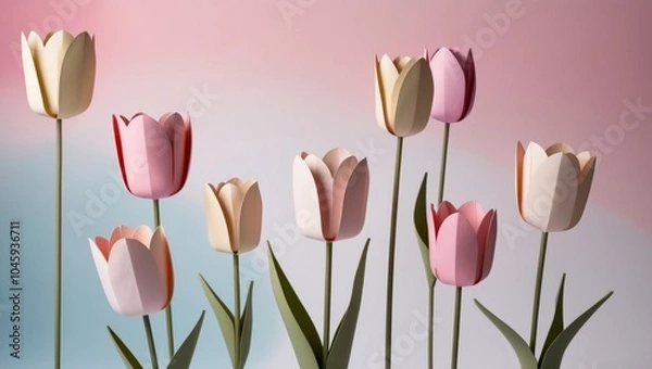 Fototapeta artistic paper tulips with soft shadows on a pink and blue gradient.