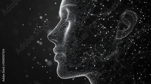 Obraz A wireframe portrait of a woman's face, made up of lines and dots, against a dark background with glowing particles.