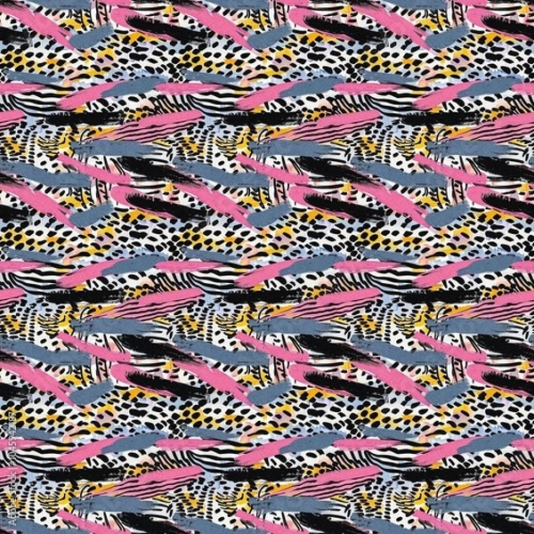 Obraz Fun girly camouflage pattern in vibrant stripes and spotted seamless design . Modern skin texture patched effect for festival and beach wear style in repeat .