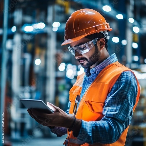 Fototapeta Industrial worker in safety gear using tablet in modern factory