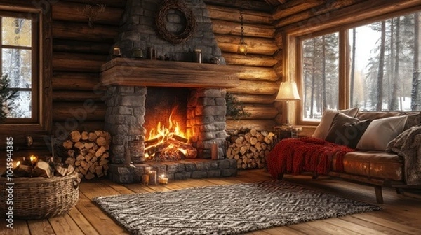 Obraz Log cabin with a cozy fireplace.