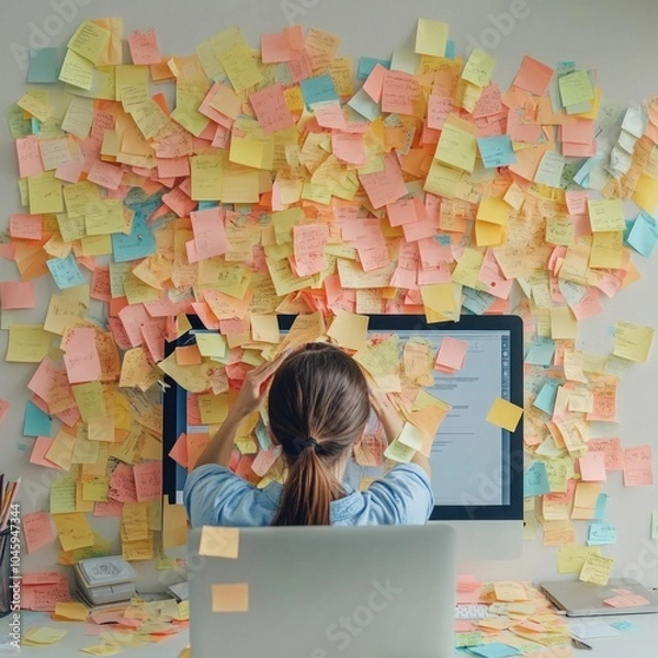 Fototapeta Overwhelmed office worker covered in colorful sticky notes