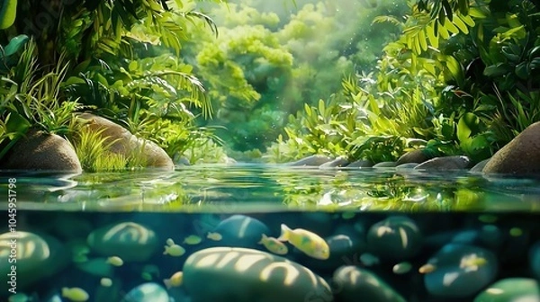 Fototapeta  Painting shows a stream in a forest, surrounded by green plants and rocks, bathed in sunlight filtering through the tree canopy