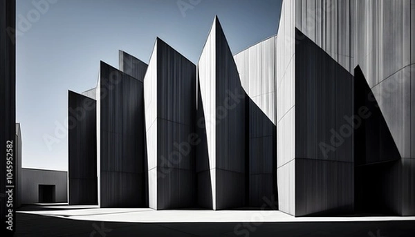 Fototapeta Sleek black building facade with vertical lines and captivating shadows viewed from below in bright daylight
