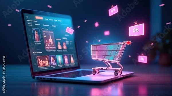 Fototapeta Futuristic online shopping concept with a digital shopping cart hovering over a laptop, showcasing e-commerce and virtual retail technology.