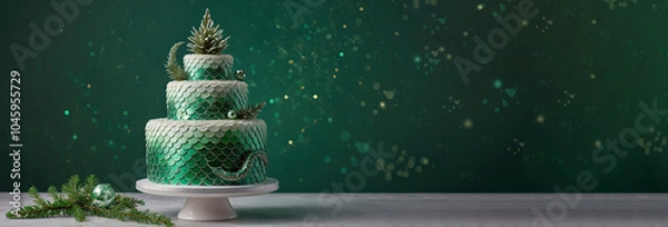 Obraz A Christmas cake with icing in the form of snake scales and a figurine in the shape of a Christmas tree stands on a stand on a green background with a bokeh effect