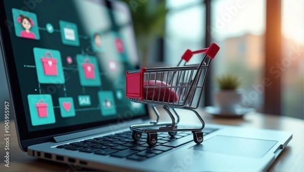 Fototapeta Miniature shopping cart on laptop keyboard symbolizing online shopping and digital commerce with network connections in the background.