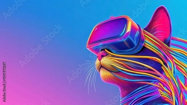 Fototapeta Cartoonish cat mascot wearing a VR headset, tangled in holographic wires, Retro-futurism, 2D illustration, vibrant colors
