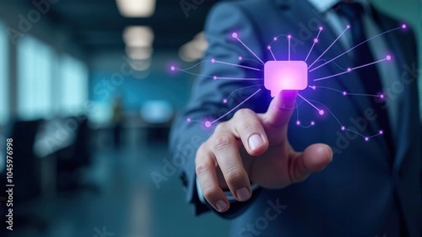 Fototapeta A businessman in a suit interacts with a glowing digital network interface in a modern office setting.