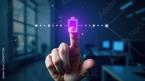 Fototapeta A person's finger interacts with a glowing digital battery icon, symbolizing advanced technology and energy solutions in a modern workspace.