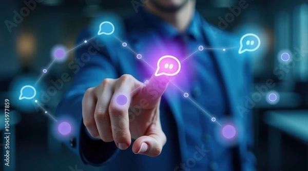 Fototapeta Businessman interacting with virtual chat icons in a network concept, symbolizing digital communication and technology innovation.
