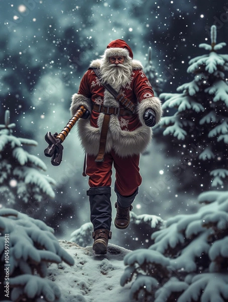 Fototapeta A man dressed as Santa Claus walking through a snowy forest