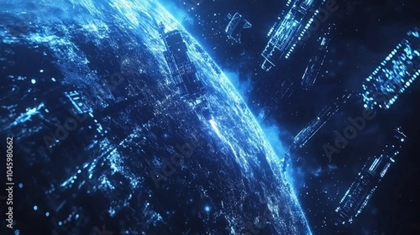 Fototapeta Futuristic black and blue tech background featuring satellites and rockets orbiting Earth with glowing plasma rays and flickering particles