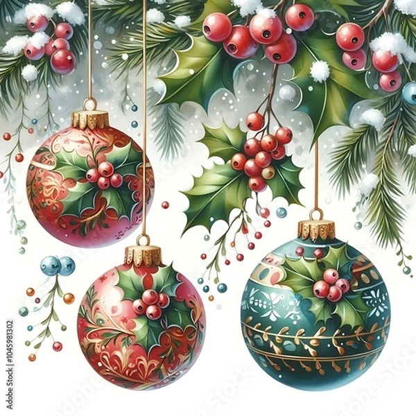 Fototapeta Traditional watercolor Christmas baubles with holly and berry designs, dangling from snow covered branches