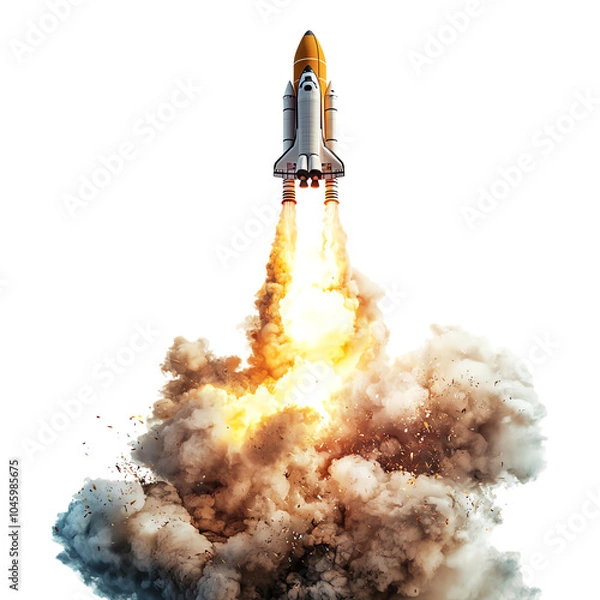 Obraz A rocket launching into the sky, surrounded by explosive flames and clouds of smoke, symbolizing innovation and exploration.