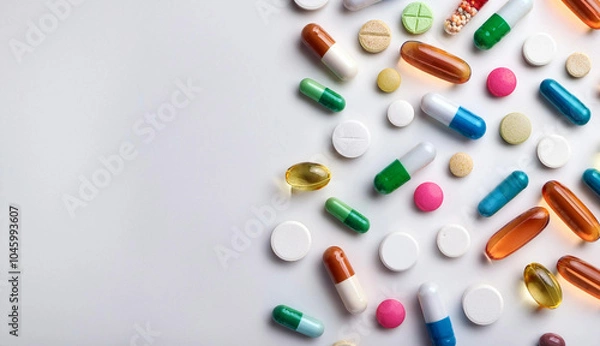 Fototapeta Multicolored capsules on white background. Blurred image. Assorted pharmaceutical medicine pills, tablets. Pills background. Banner for design. Vitamins and supplements background. Space for text