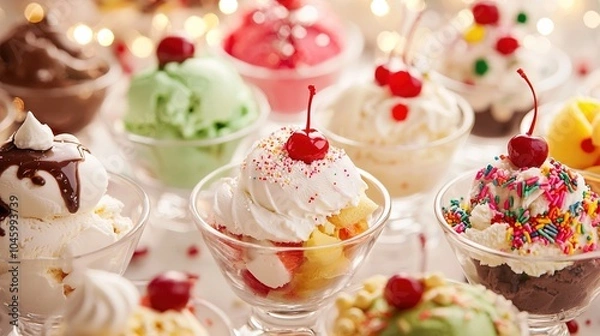 Fototapeta   A collection of ice cream sundaes arranged on a sprinkled table with various toppings