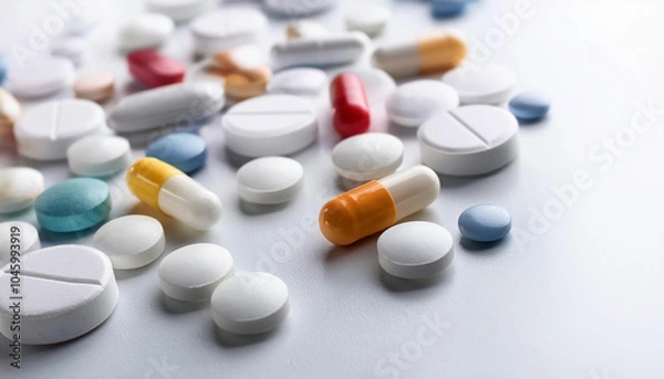 Fototapeta Pills and capsules. Multicolored capsules on white background. Blurred image. Assorted pharmaceutical medicine pills, tablets. Pills background. Banner for design. Vitamins and supplements background