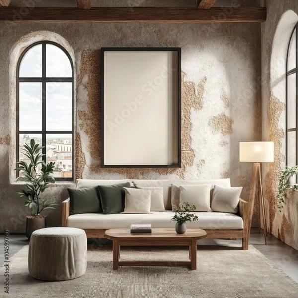 Fototapeta Cozy Living Room with Sofa, Pillows, Coffee Table, Plant, and Floor Lamp against a Rustic Wall.