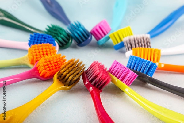 Fototapeta Colorful toothbrushes close-up. Stock footage of different multi-colored toothbrushes. Toothbrush on a white background.