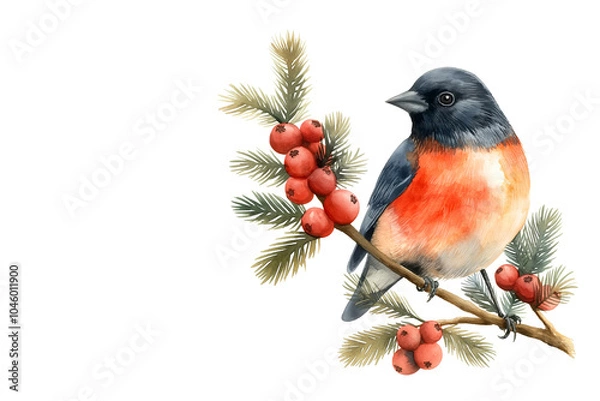 Fototapeta Watercolor bullfinch xmas card. Christmas little bird sits on tree branch background illustration. Winter holidays watercolor bullfinch backdrop