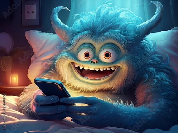 Obraz Happy Monster in Bed with Mobile Phone