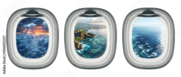 Fototapeta Aircraft portholes with nature view. Open airplane windows with ocean, mountains and cloudy sky view isolated illustration set. Flying jet interior with porthole views