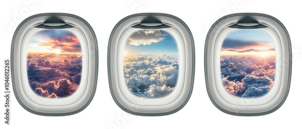 Fototapeta Airplane windows. Open aircraft portholes with sky view, sunset and sunrise clouds outside isolated illustration set. Jet interior with glass portholes views