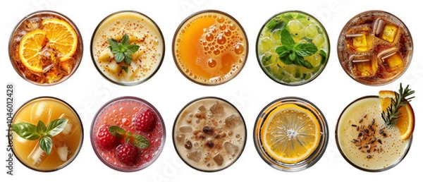 Fototapeta Cocktails top view. Glasses of cold mojito, daiquiri and pina colada cocktail, delicious alcoholic drinks isolated on transparent background. Cut out cocktails view from above