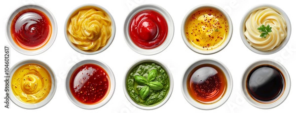 Fototapeta Sauces top view. Bowls with ketchup, mustard, pesto sauce, soy and hot sauce, mayo and worcestershire sauce isolated on transparent background. Cut out sauces view from above