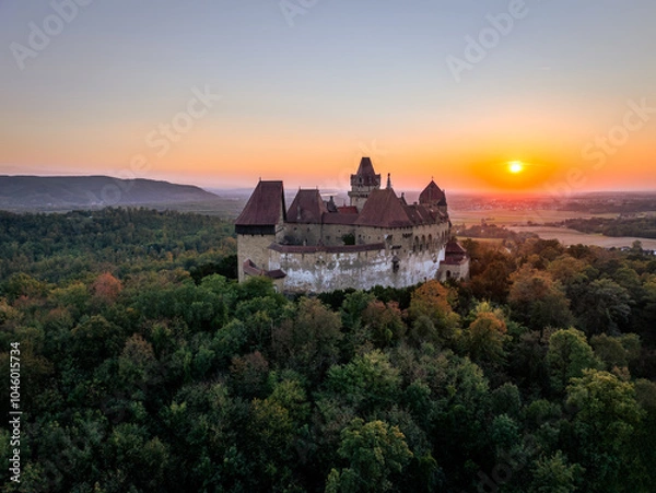 Fototapeta Castle Kreuzenstein in Austria at Sunset - Aerial Drone View