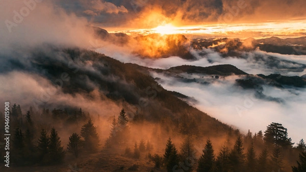 Fototapeta Sunset in the Mountains of Austria with fog filmed with a drone
