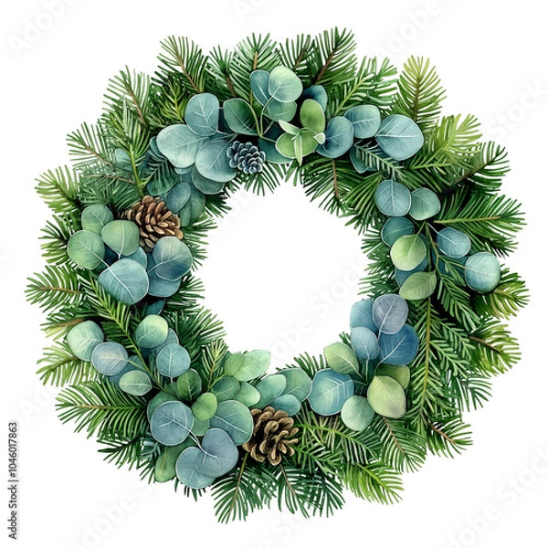 Fototapeta Watercolor greenery wreath. Winter holidays decorated wreath with fir tree branches, pine cones and eucalyptus branches decor isolated illustration. Cut out festive wreath